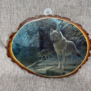 Vtg Wolf Foil Print Live Edge Wood Slab Plaque Wall Hanging Art USA Wisconsin